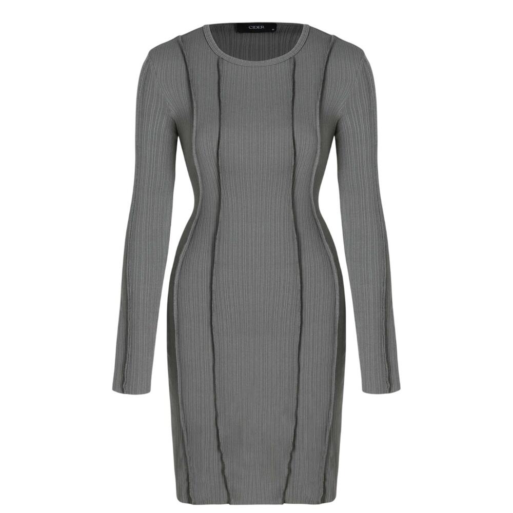 Cider Solid Ribbed Exposed Seam Bodycon Midi Dress, Gray, Size Small